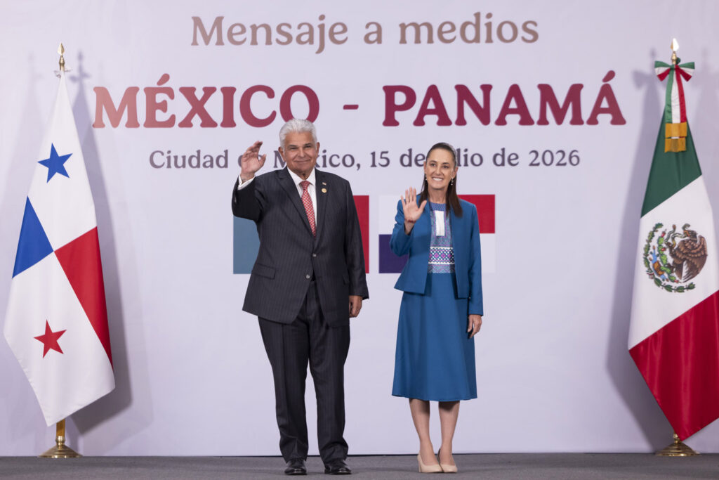 Cuauhtémoc, Ciudad de México. 15 de julio 2026. La presidenta constitucional de los Estados Unidos Mexicanos, la Doctora Claudia Sheinbaum Pardo en Encuentro bilateral México-Panamá, mensaje a medios de comunicación. Foto: Gabriel Monroy/Presidencia